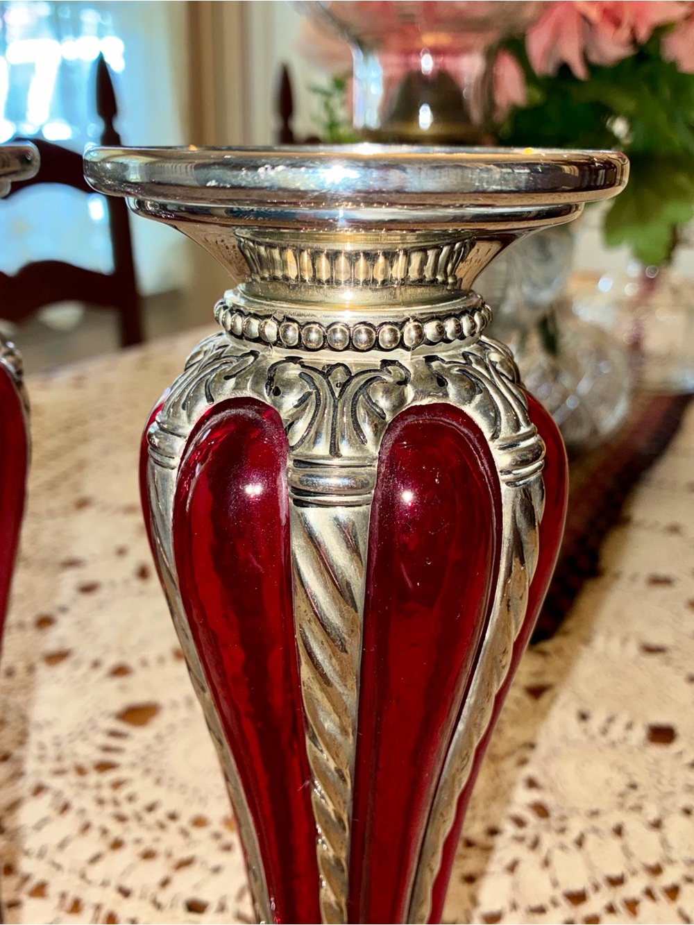 Vintage MCM Bubble Glass Decorative Red Glass and Silver Candle Holders - Pair - Picture 3 of 11